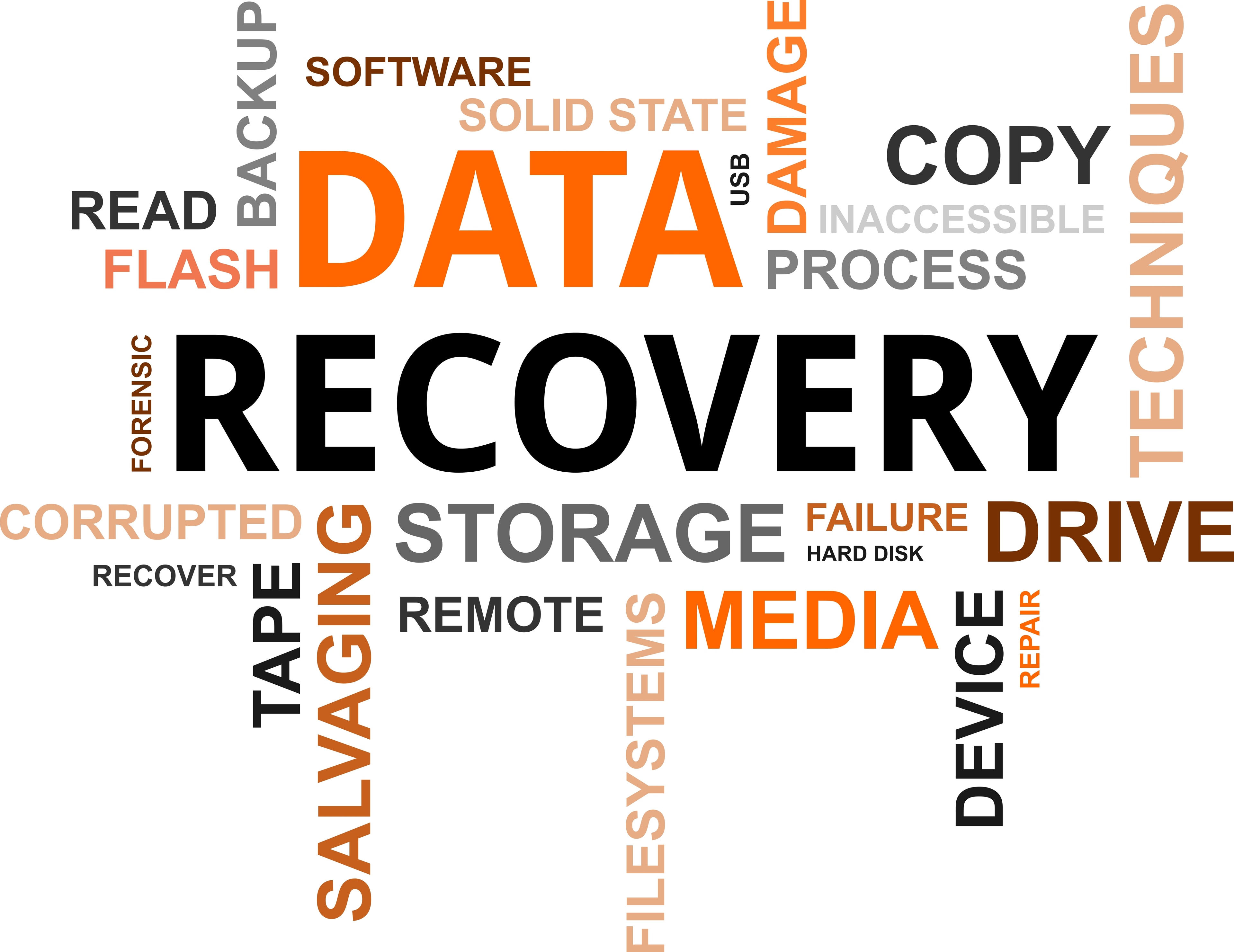 Data recovery terminology word cloud — storage, forensics, salvaging, media, drive repair